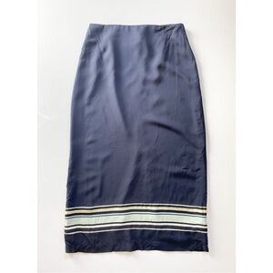 Vintage 90s Ann Taylor 100% Silk Navy Midi Skirt with Stripe Detail & Back Slit